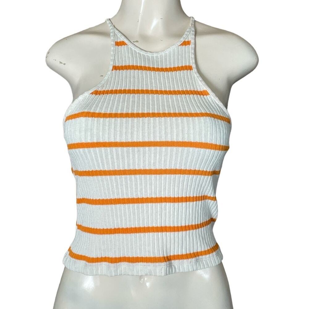 Zara Ribbed Racerback Tank Top High Neck Off White Orange Striped SZ Medium
